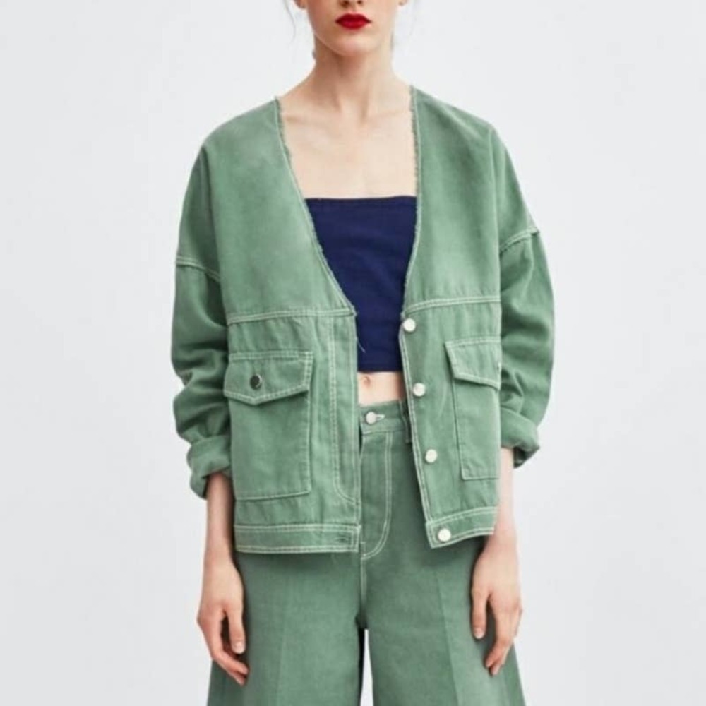Zara trf Linen Blend‎ Oversized Jacket XS Green Button Front